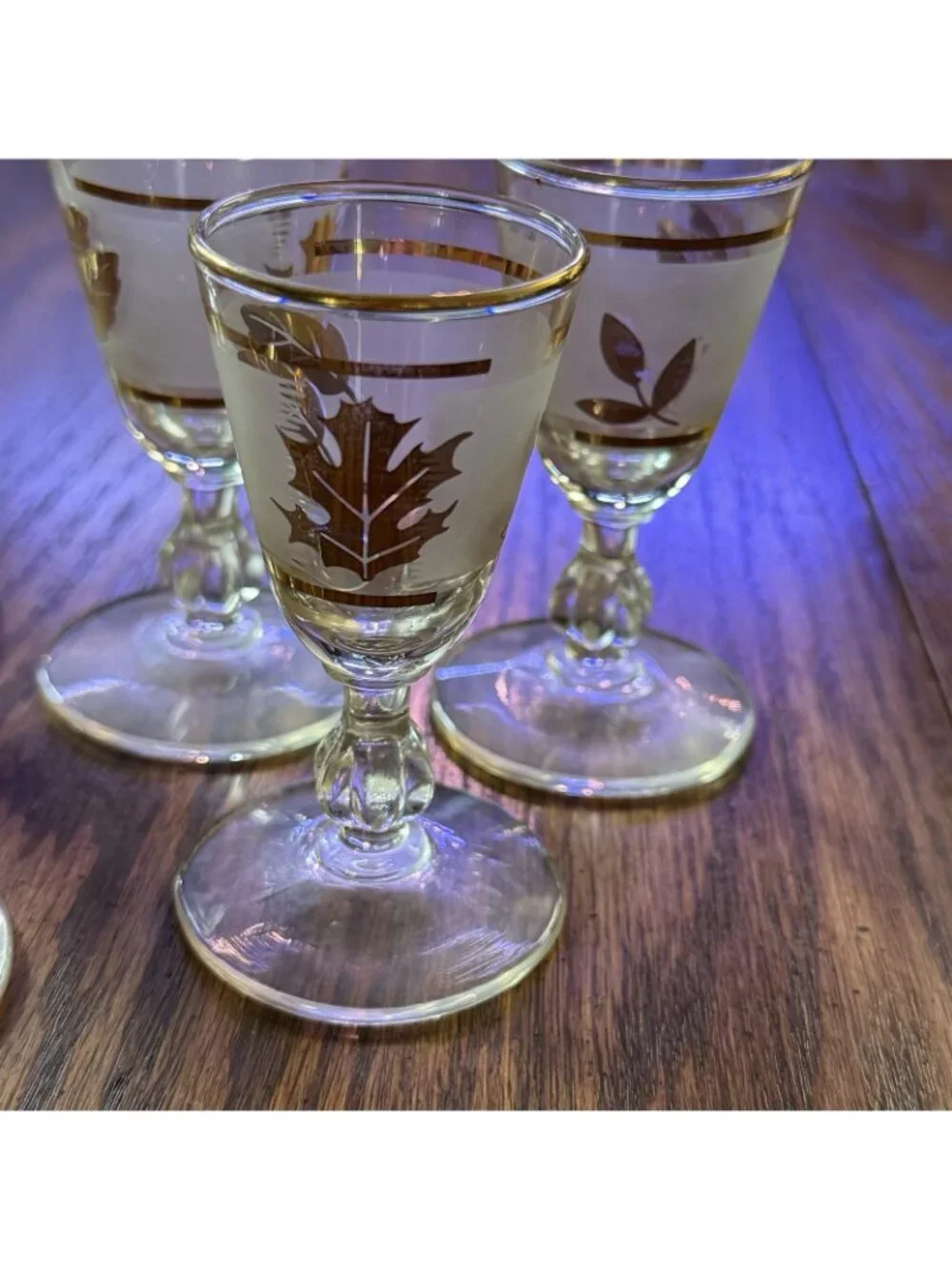 5 Vintage MCM Libbey Golden Foliage Gold Leaf White Frosted Cordial Glasses